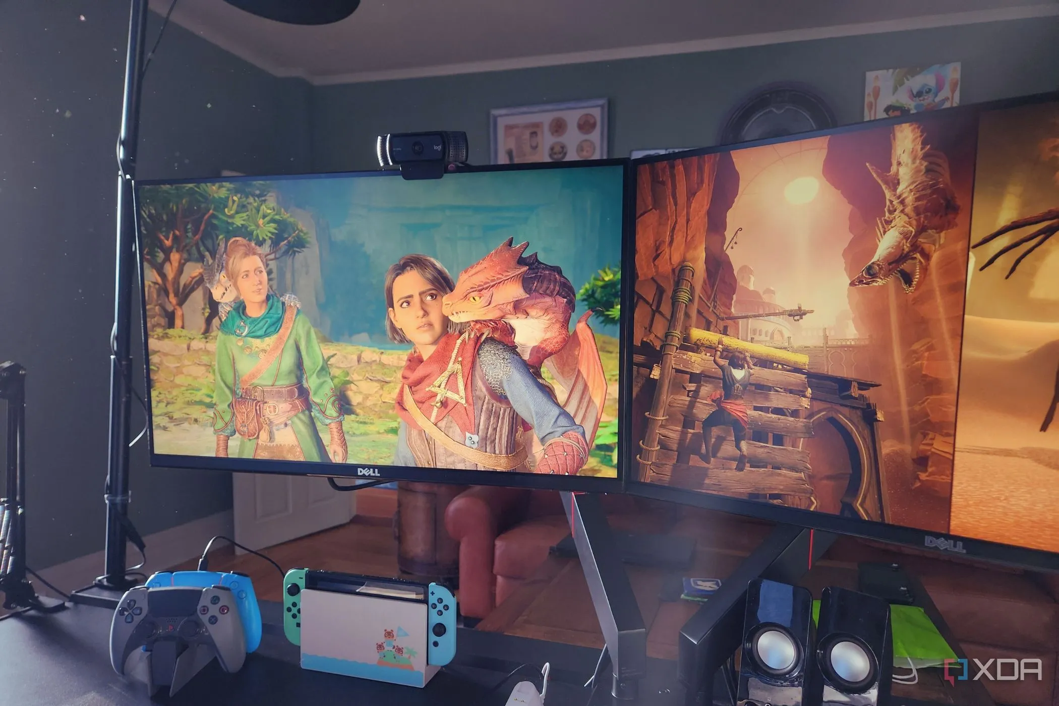 Hai người chơi game Split Fiction trên máy tính, thể hiện trải nghiệm chơi game co-op trên cùng màn hình.