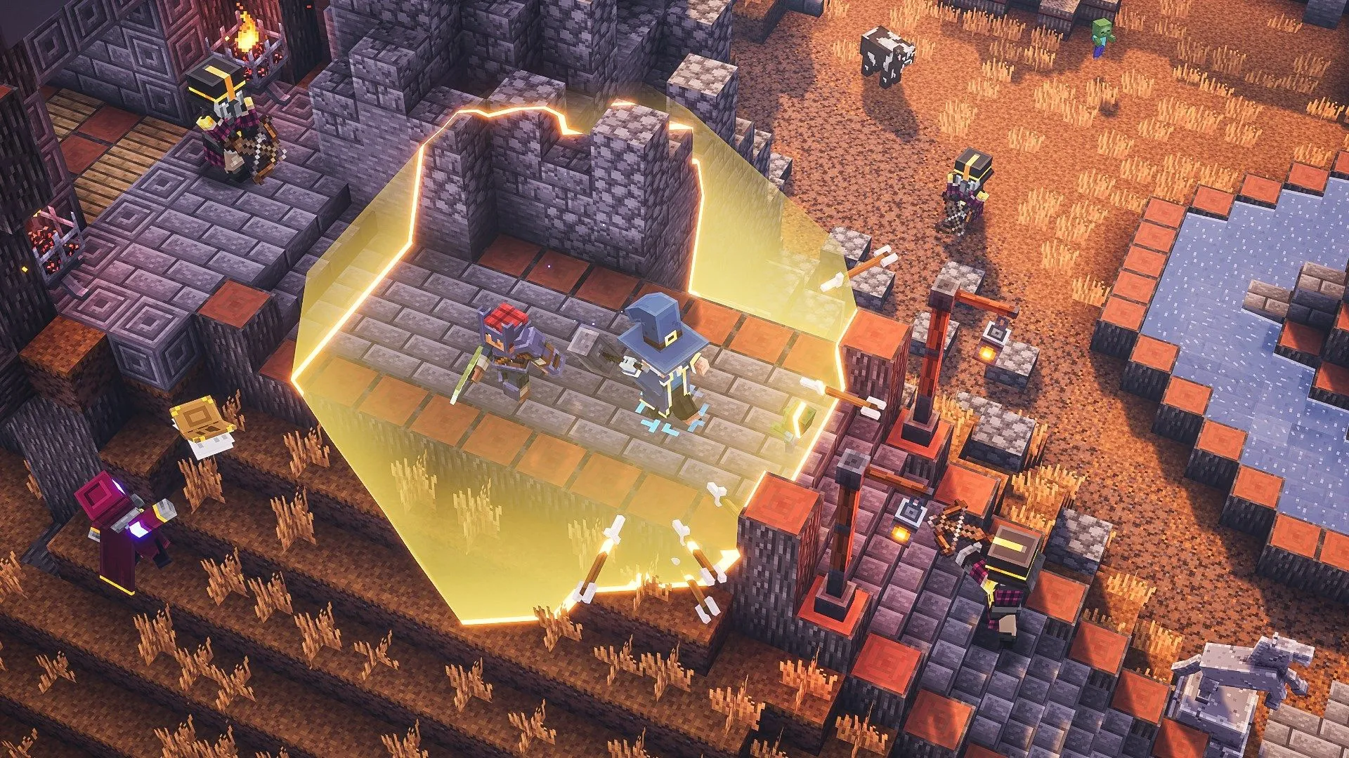 Hai người chơi khám phá hầm ngục lâu đài trong game Minecraft Dungeons
