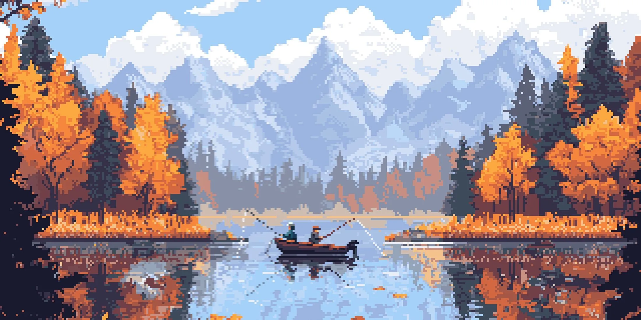 Hai nhân vật đang câu cá trong game Cast n Chill với đồ họa pixel art