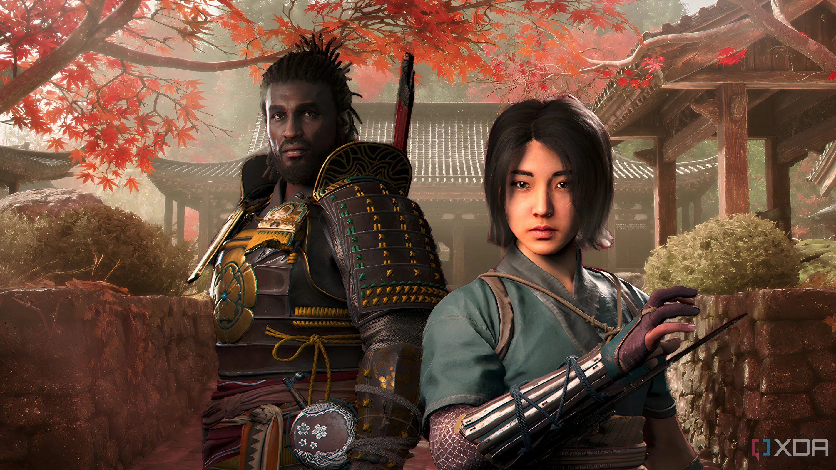 Hai nhân vật Fujibayashi Naoe và Yasuke trong game Assassin's Creed Shadows, đứng trước phong cảnh Nhật Bản, liên hệ với việc sử dụng các nút điều khiển không trực quan như L3 để chạy nước rút