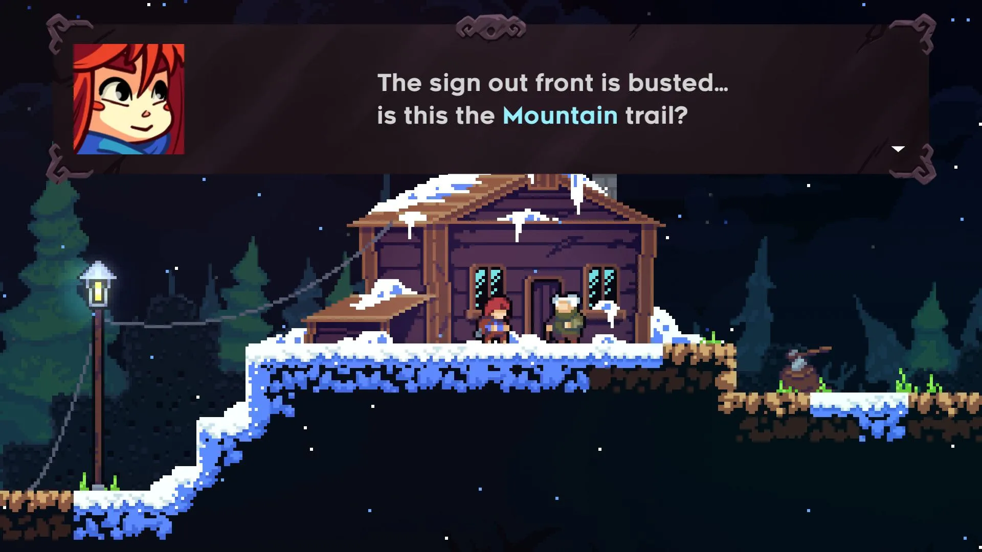 Hai nhân vật trong game Celeste đang trò chuyện bên trong một căn nhà gỗ giữa khung cảnh tuyết phủ.