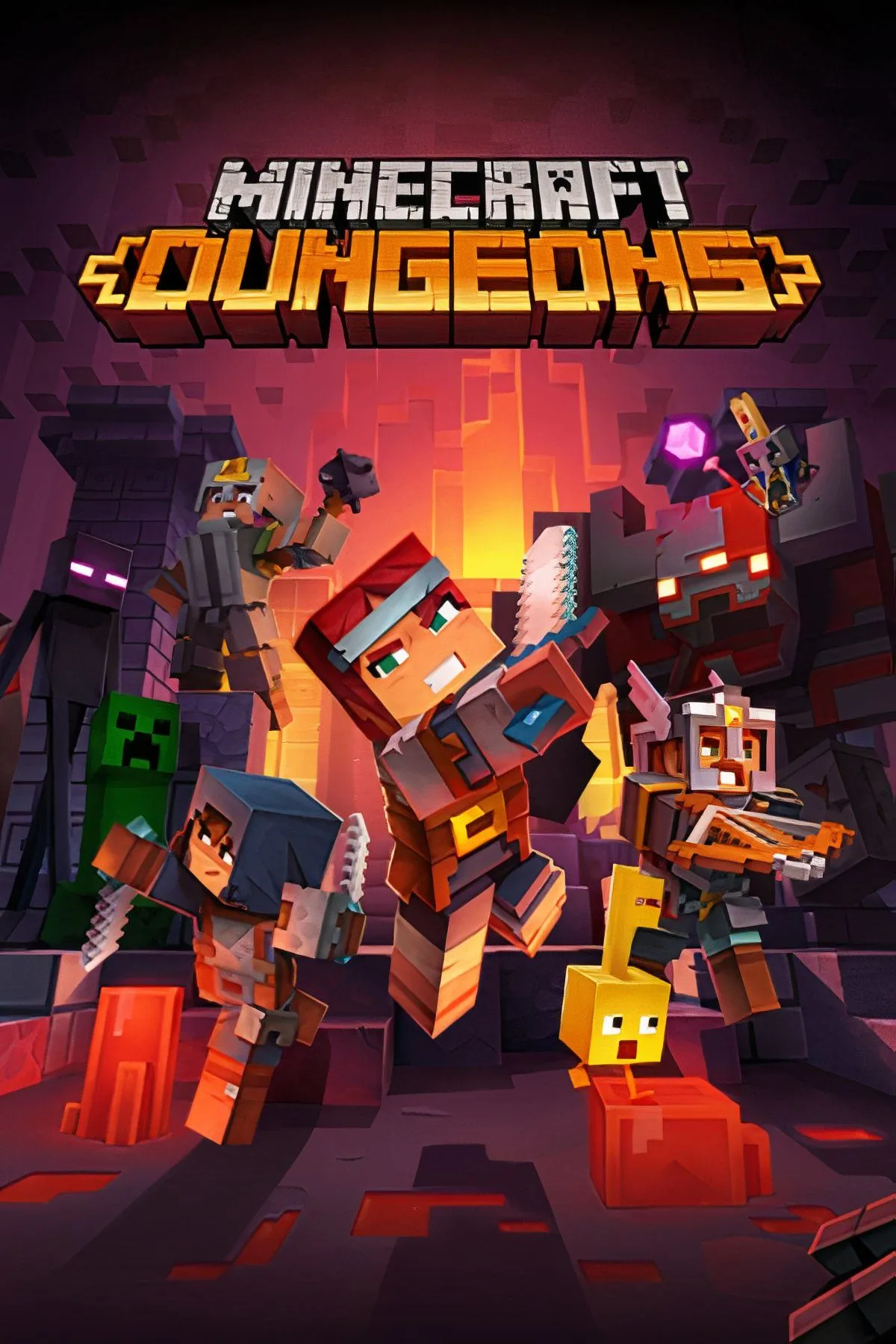 Hai nhân vật trong game Minecraft Dungeons đang chiến đấu với quái vật
