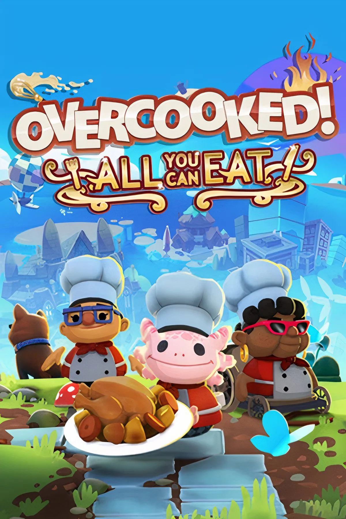 Hai nhân vật trong game Overcooked: All You Can Eat đang nấu ăn trong một nhà bếp hỗn loạn