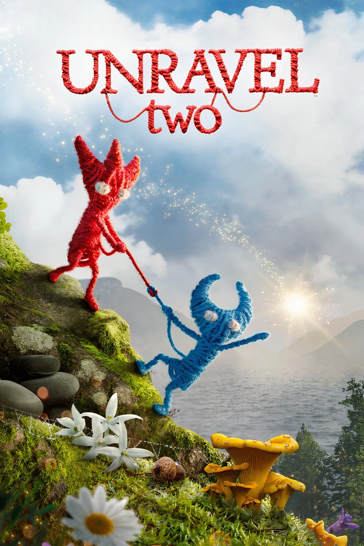 Hai nhân vật Yarny đỏ và xanh trong game Unravel Two đang vượt qua chướng ngại vật