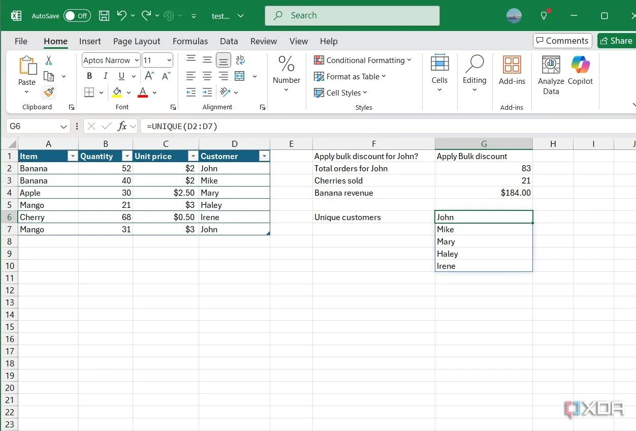 Hàm UNIQUE trong Excel trả về danh sách duy nhất các tên khách hàng từ một cột dữ liệu