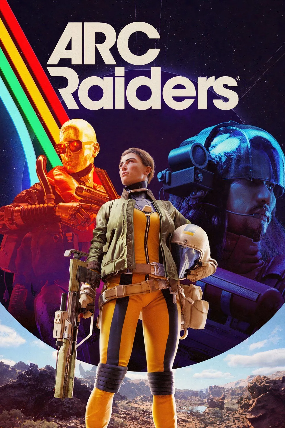 Hình ảnh ARC Raiders với các nhân vật đối đầu với máy móc xâm lược trong thế giới hậu tận thế.