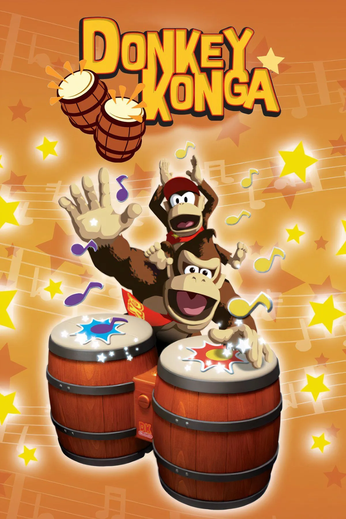 Hình ảnh bìa game Donkey Konga, với tay cầm DK Bongo Controller độc đáo