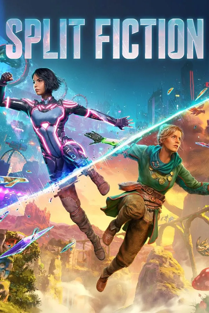 Hình ảnh bìa game Split Fiction thể hiện sự kết hợp giữa hai thế giới giả tưởng và khoa học viễn tưởng.