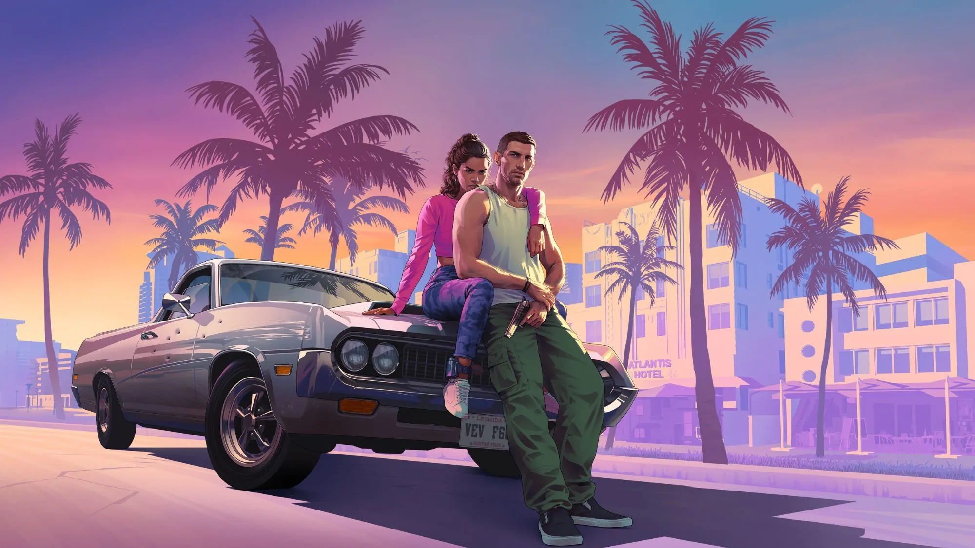 Hình ảnh các nhân vật chính của Grand Theft Auto VI trên mui xe, minh họa cho sự phát triển của dòng game thế giới mở sau GTA III