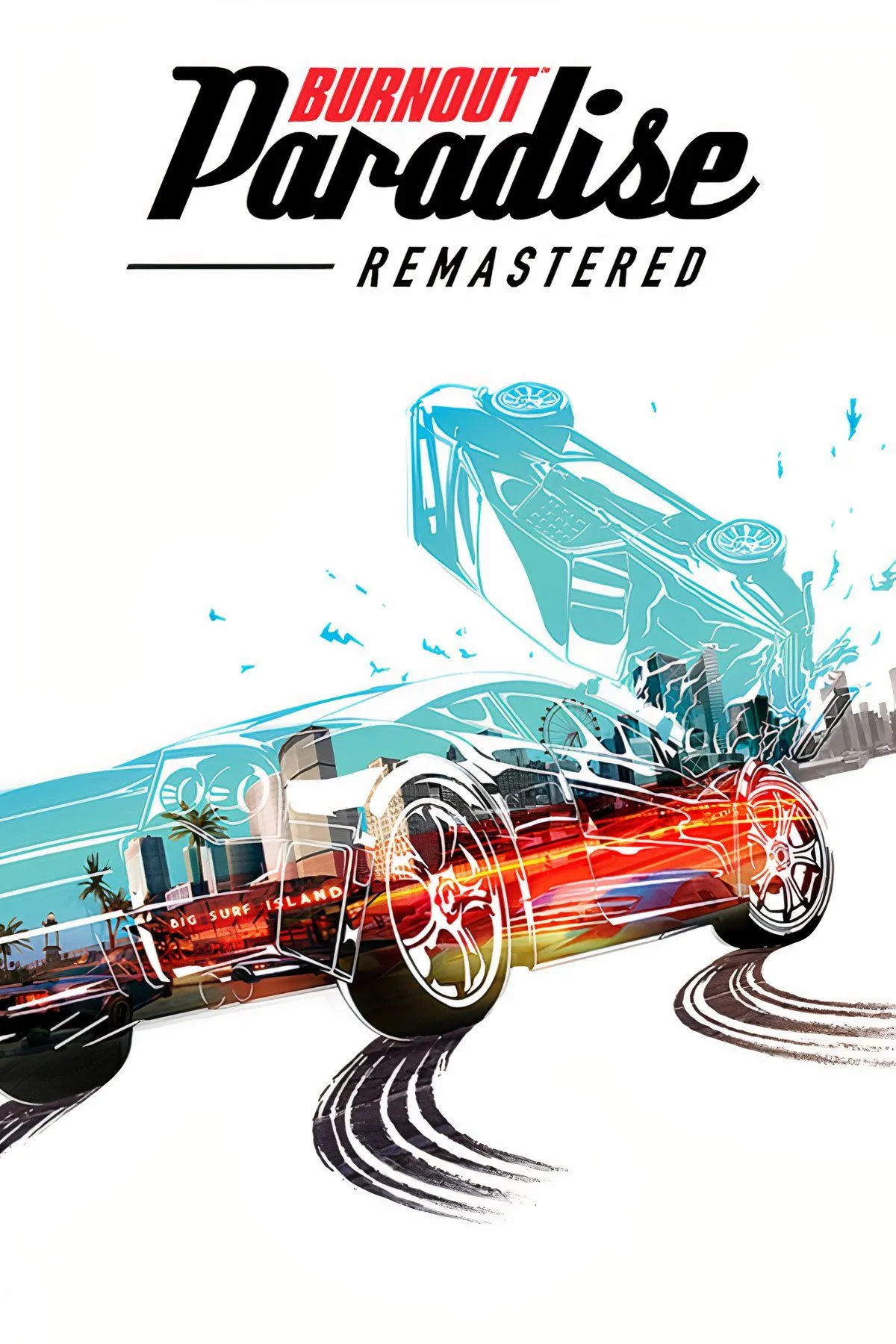 Hình ảnh chiếc xe đua Burnout Paradise đang drift trong thành phố, với đồ họa đẹp mắt và hiệu ứng va chạm ấn tượng