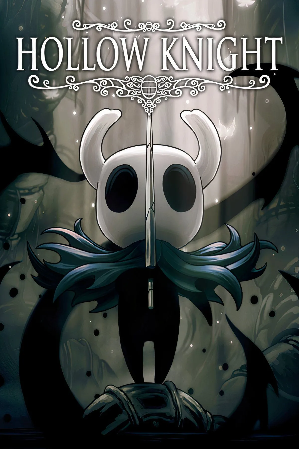 Hình ảnh chủ đạo của Hollow Knight, hiển thị nhân vật chính Knight và thế giới sâu thẳm của Hallownest.