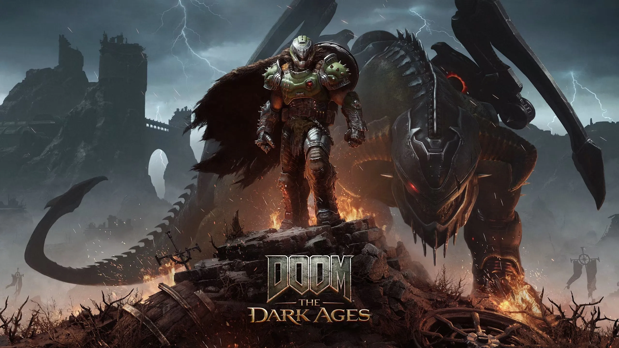 Hình ảnh chụp màn hình game Doom: The Dark Ages, Doom Slayer đứng trên đống đổ nát với một con rồng khổng lồ phía sau