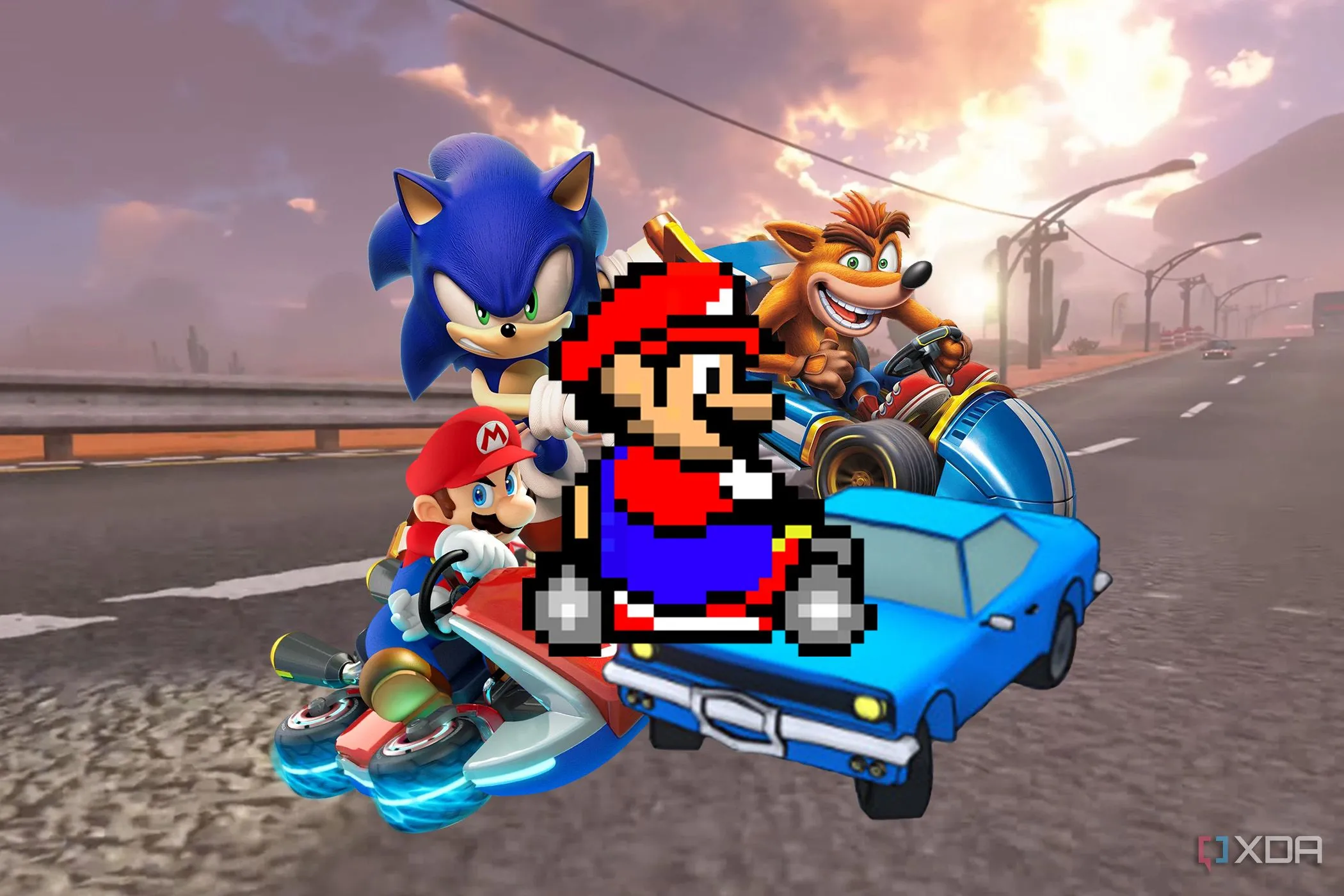 Hình ảnh đường đua Mario Kart World với các nhân vật quen thuộc như Sonic, Mario và Crash, gợi mở về các lựa chọn game đua xe giải trí khác
