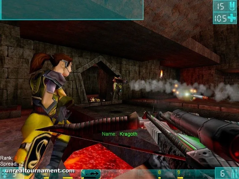 Hình ảnh game bắn súng góc nhìn thứ nhất Unreal Tournament, với một nhân vật đang bắn trong đấu trường sôi động, minh họa lối chơi đối kháng tốc độ cao