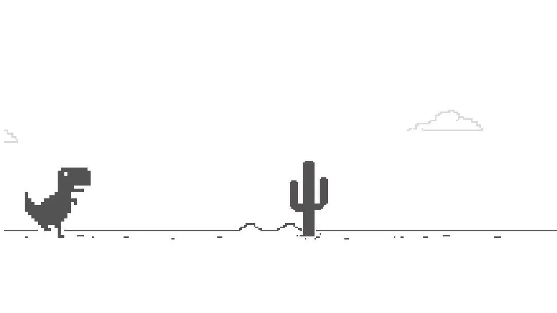 Hình ảnh game Dinosaur Game của Google Chrome, một chú khủng long T-Rex nhảy qua chướng ngại vật xương rồng.