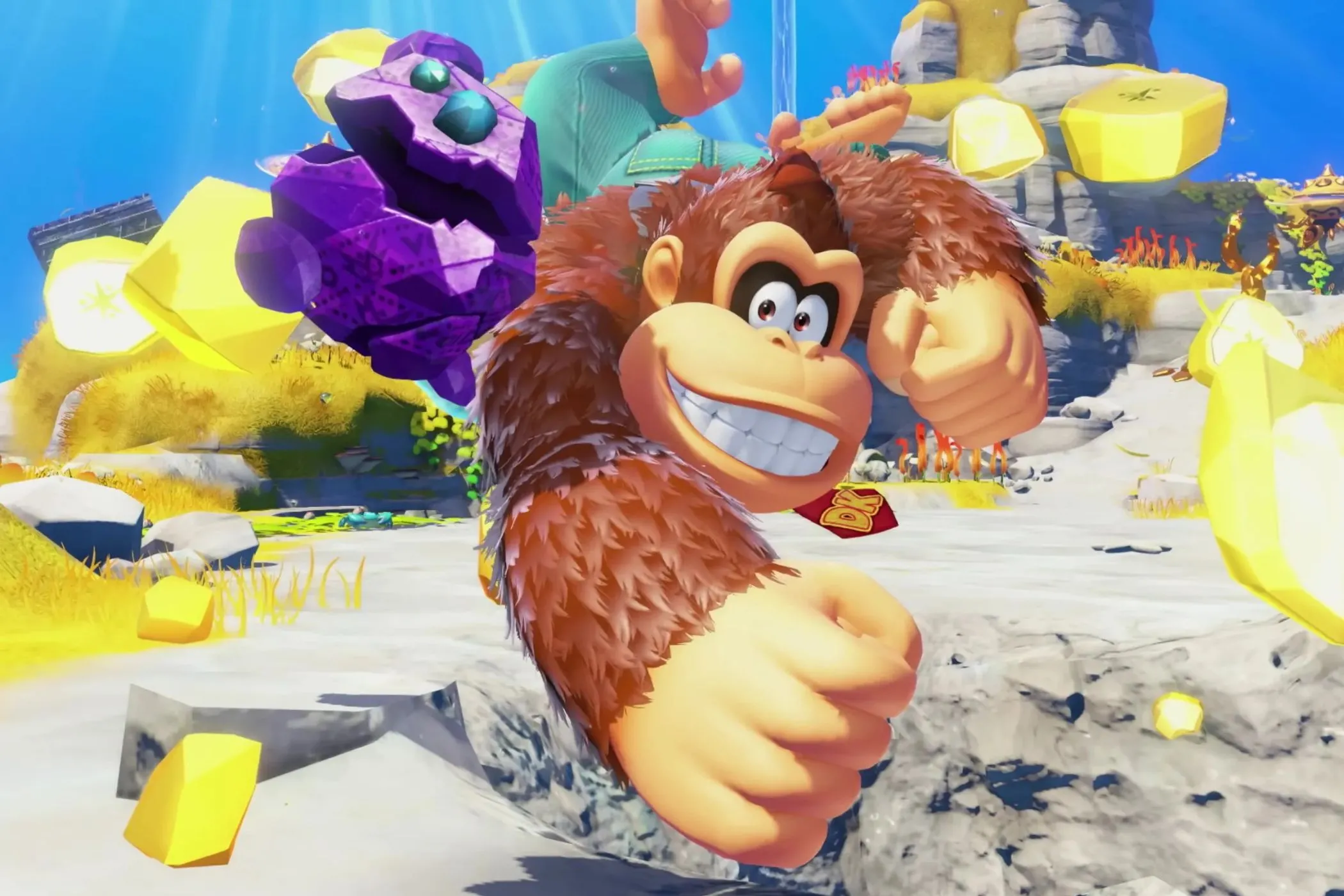 Hình ảnh game Donkey Kong Bananza trên Nintendo Switch 2, cho thấy đồ họa đầy màu sắc và nhân vật nổi bật