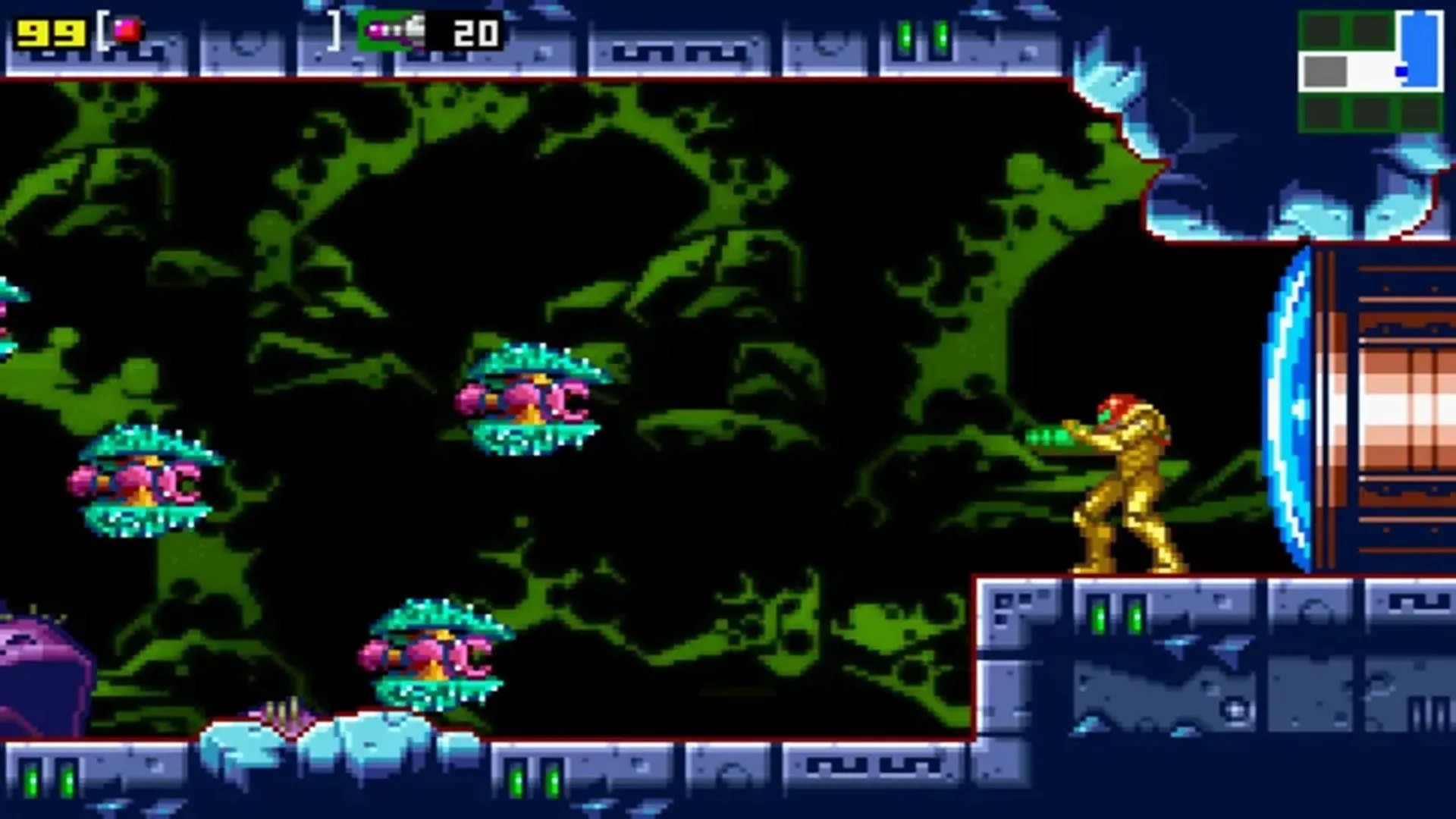 Hình ảnh gameplay Metroid Zero Mission trên GBA với Samus Aran trong Power Suit, đồ họa pixel art được cải tiến rõ rệt.
