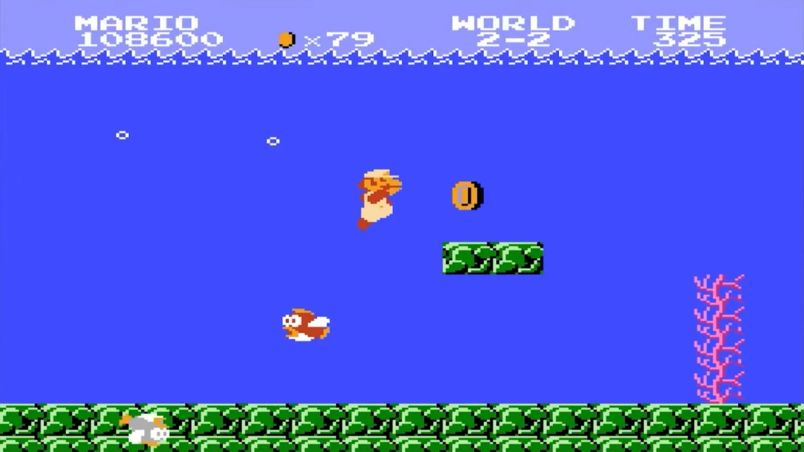 Hình ảnh gameplay Super Mario Bros. với Mario đang bơi dưới nước, đại diện cho game platformer kinh điển của Nintendo