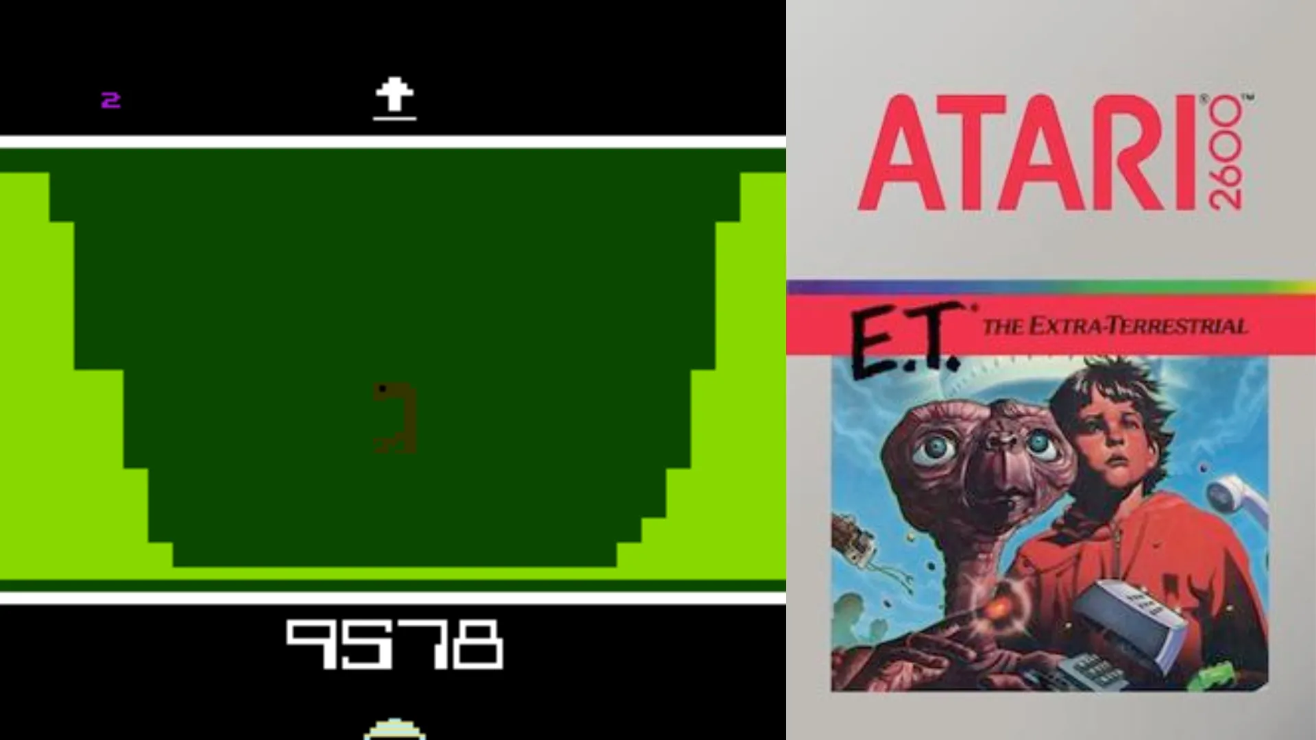 Hình ảnh gameplay và bìa game E.T. The Extra-Terrestrial trên Atari 2600, được coi là một trong những game tệ nhất mọi thời đại.
