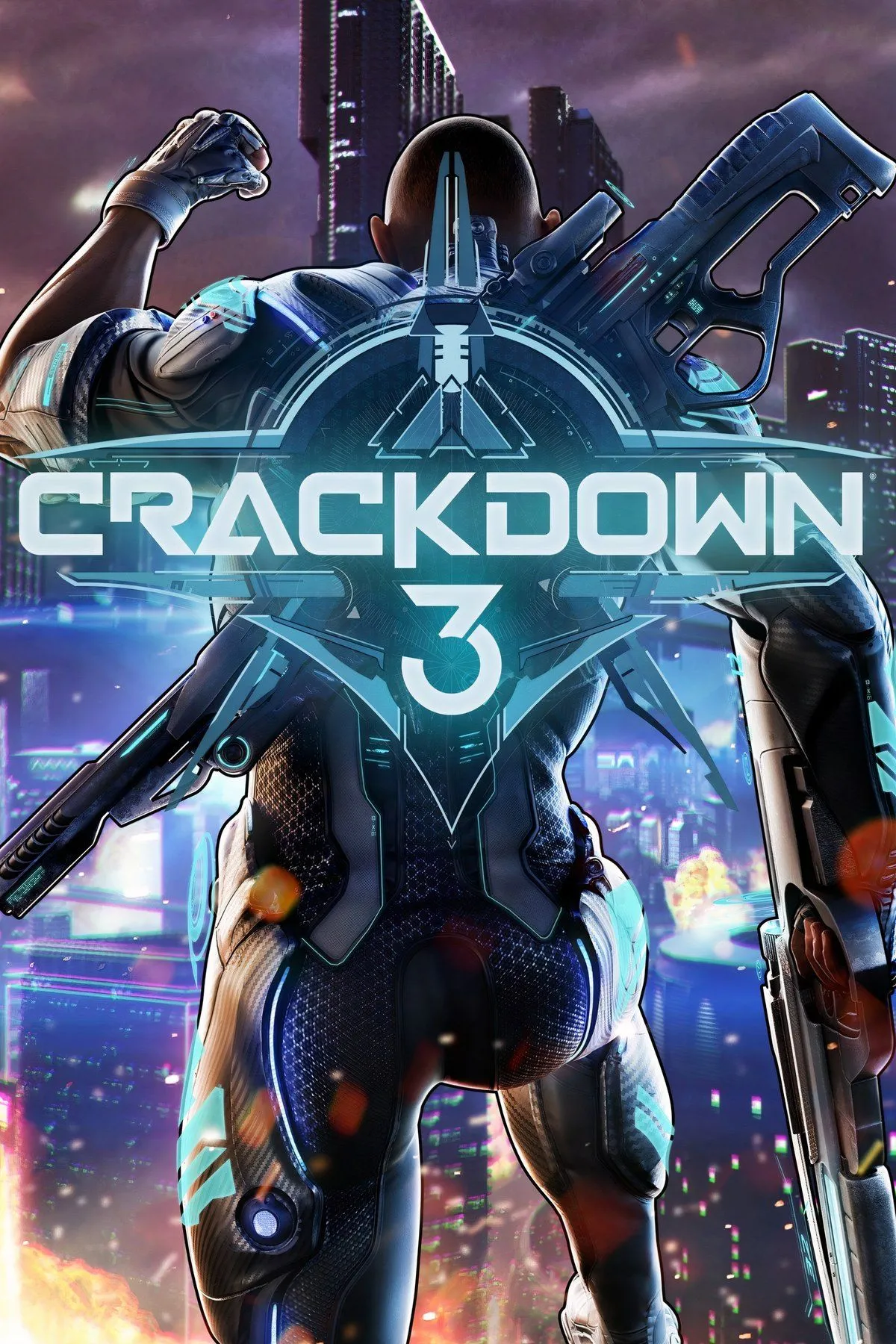 Hình ảnh gameplay và quảng bá của Crackdown 3, với nhân vật chính và các vụ nổ trong môi trường đô thị