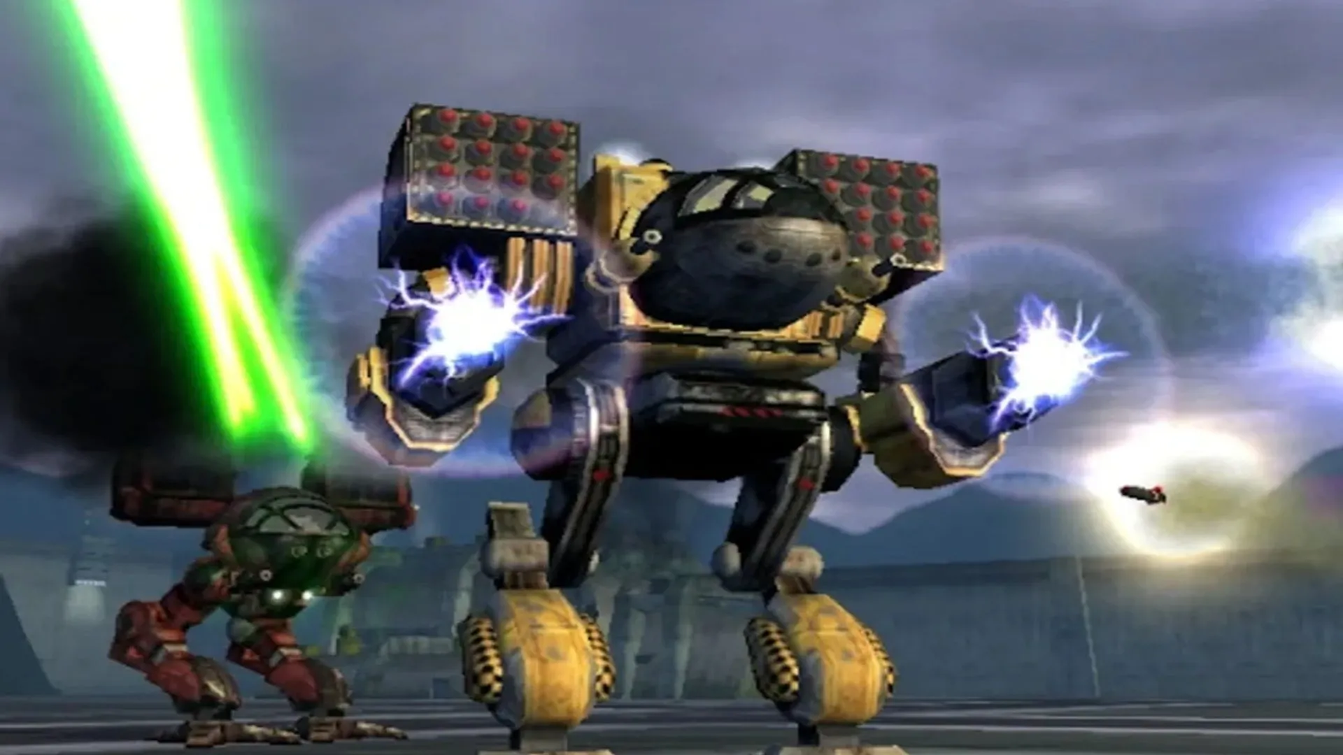 Hình ảnh hai cỗ máy chiến đấu mech trong một trận giao tranh khốc liệt trong game MechAssault