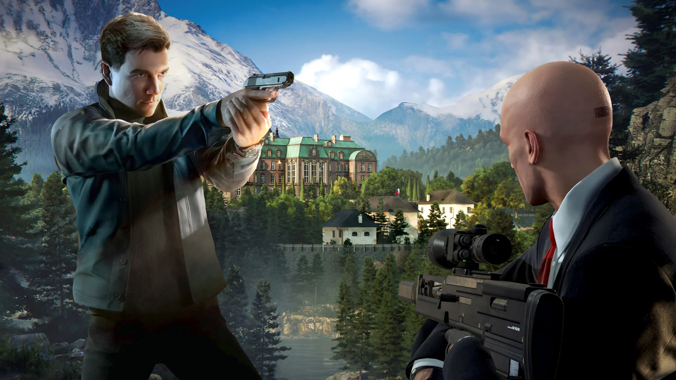 Hình ảnh James Bond và Agent 47 trên nền cỏ xanh nắng