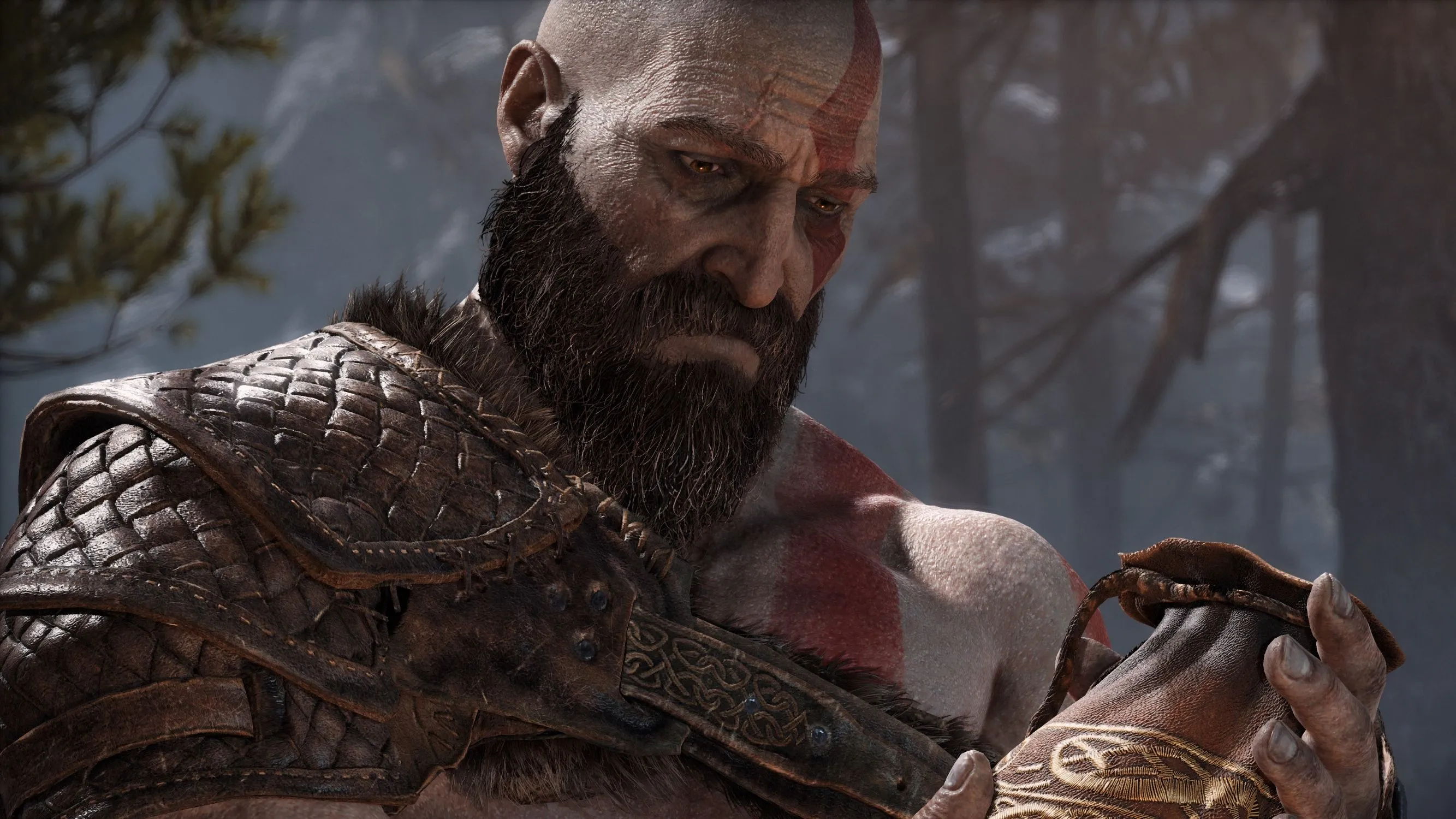 Hình ảnh Kratos trong God of War 2018 cầm túi da, thể hiện sự mệt mỏi