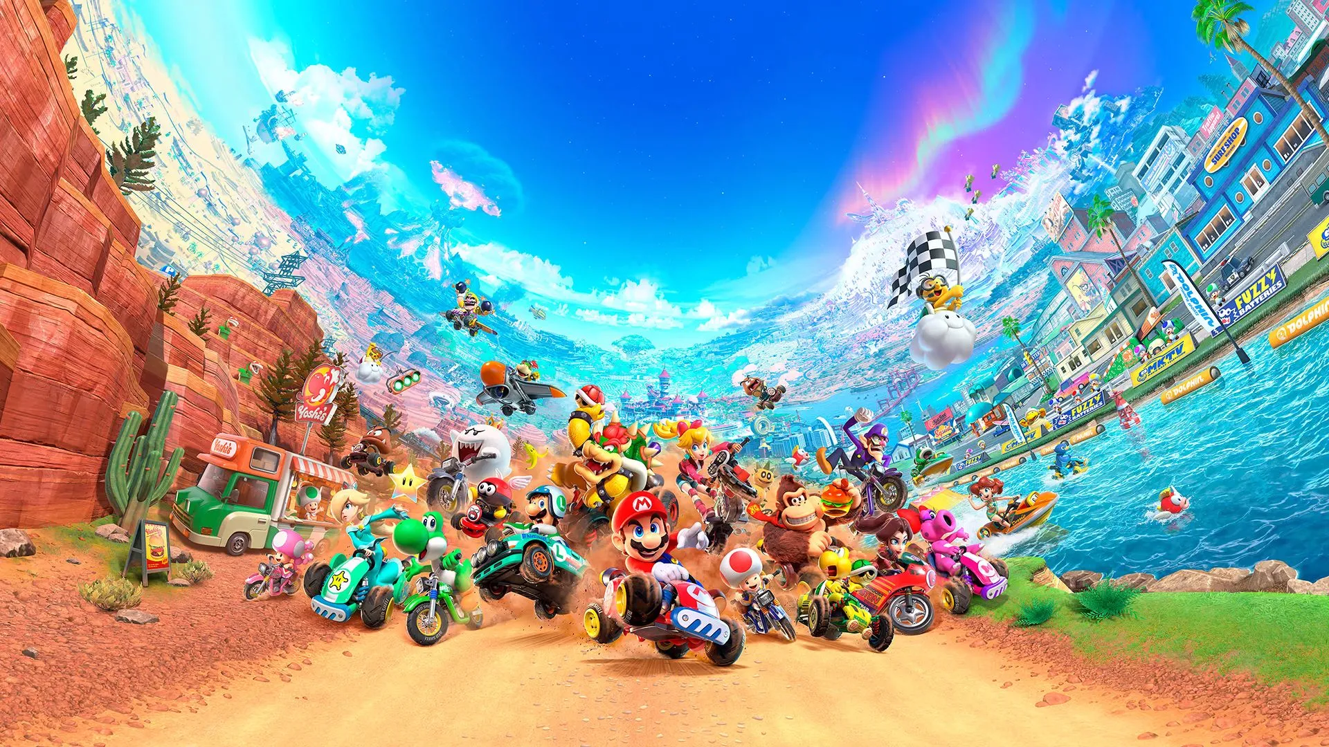 Hình ảnh Mario Kart World trên Nintendo Switch 2, thể hiện đồ họa sống động của trò chơi.