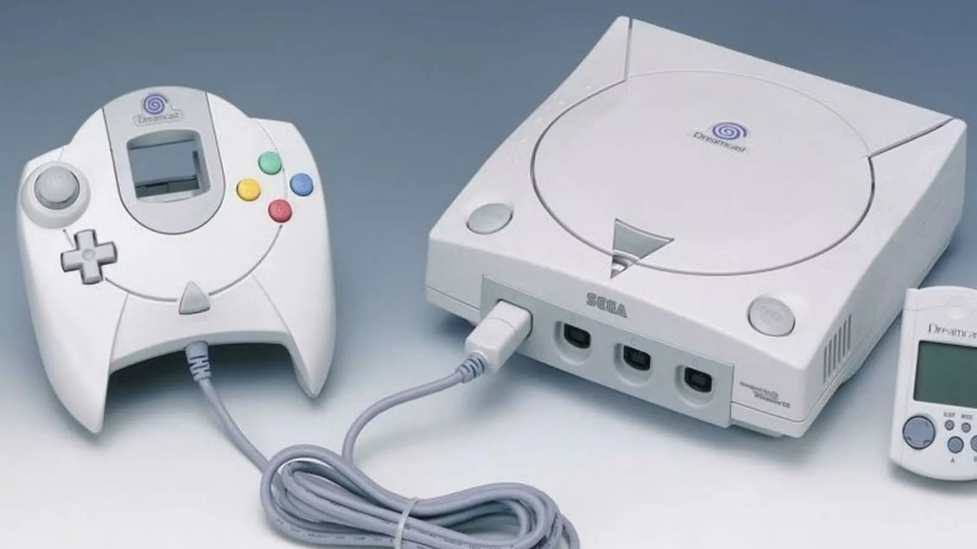 Hình ảnh máy chơi game Sega Dreamcast màu trắng, biểu tượng cho sự thất bại của Sega trên thị trường console