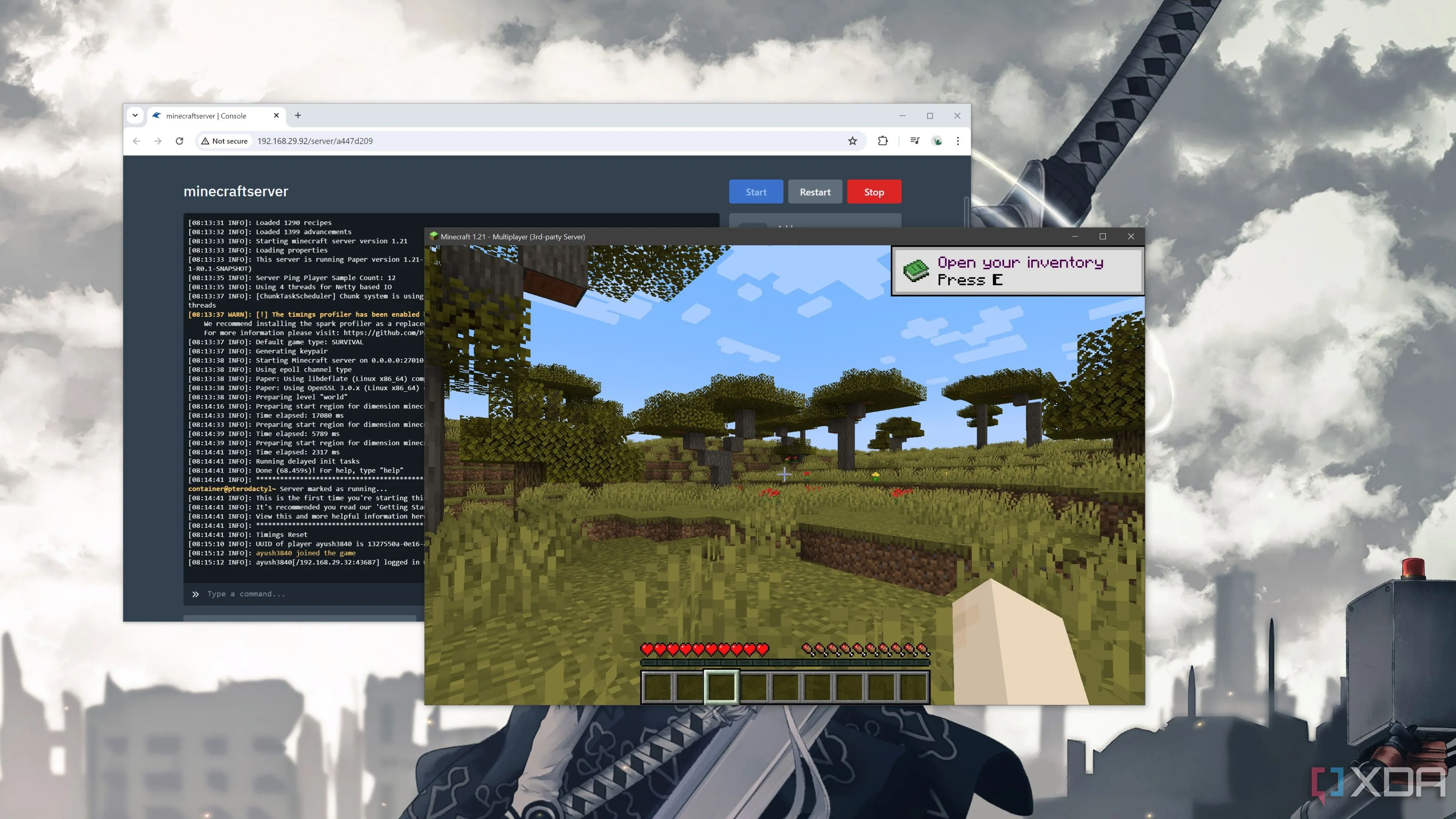 Hình ảnh máy chủ Pterodactyl đang chạy Minecraft, thể hiện việc sử dụng reverse proxy để truy cập các ứng dụng tự host