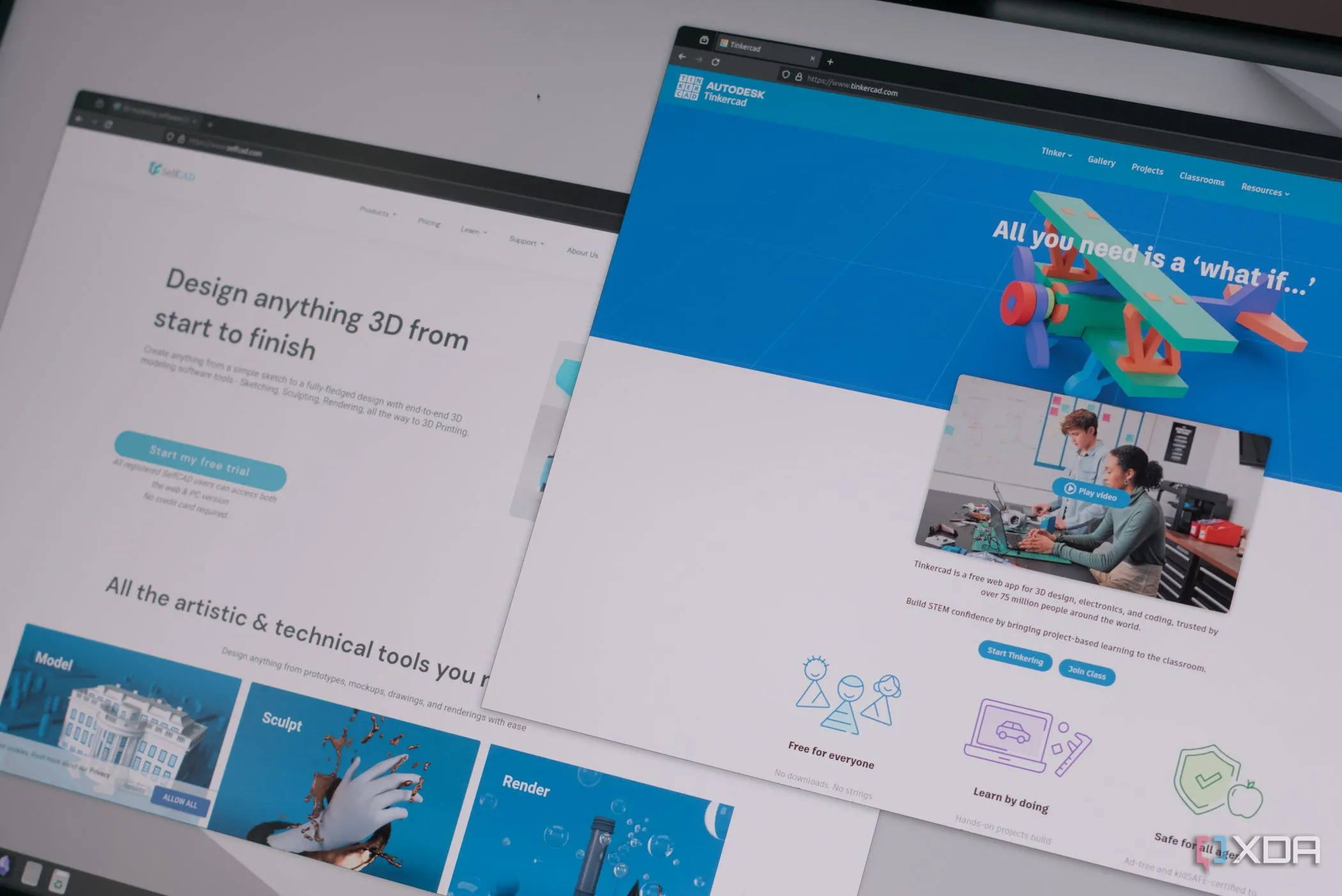 Hình ảnh minh họa giao diện website của SelfCAD và TinkerCAD, hai phần mềm thiết kế 3D phổ biến