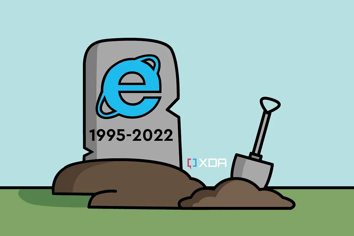 Hình ảnh minh họa một bia mộ động với logo Internet Explorer, tượng trưng cho sự kết thúc của trình duyệt này