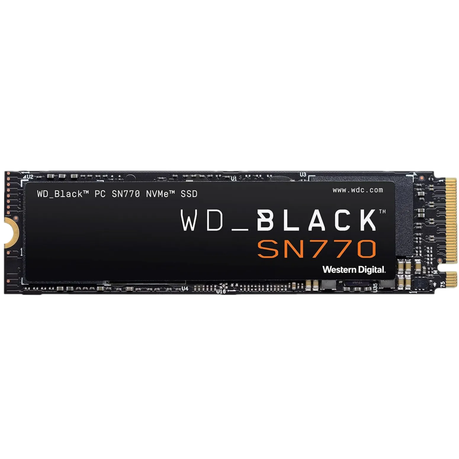 Hình ảnh một ổ cứng SSD NVMe màu đen được hiển thị ở dạng trong suốt trên nền trong suốt, nhấn mạnh thiết kế bên trong.