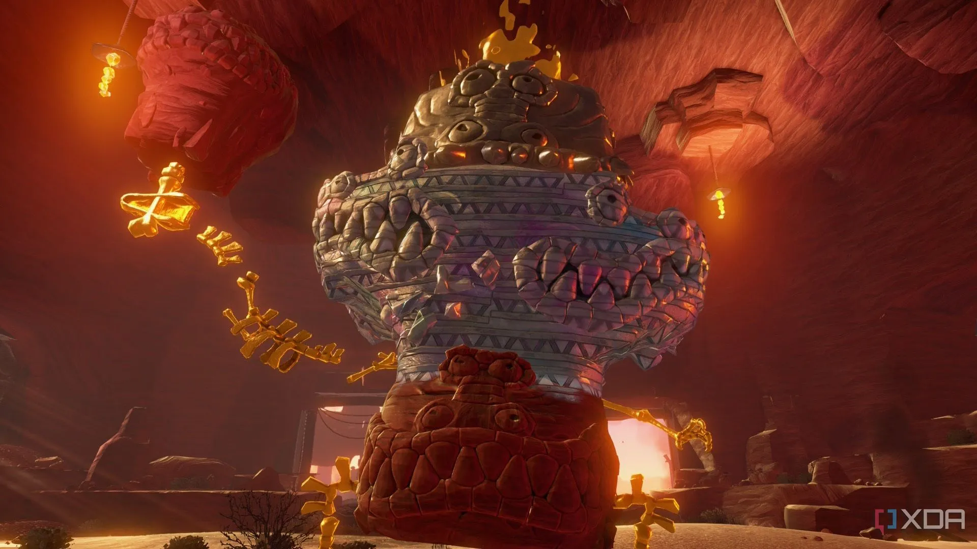 Hình ảnh một trận chiến với trùm trong game Donkey Kong Bananza, phô diễn đồ họa màu sắc và chi tiết môi trường dưới lòng đất