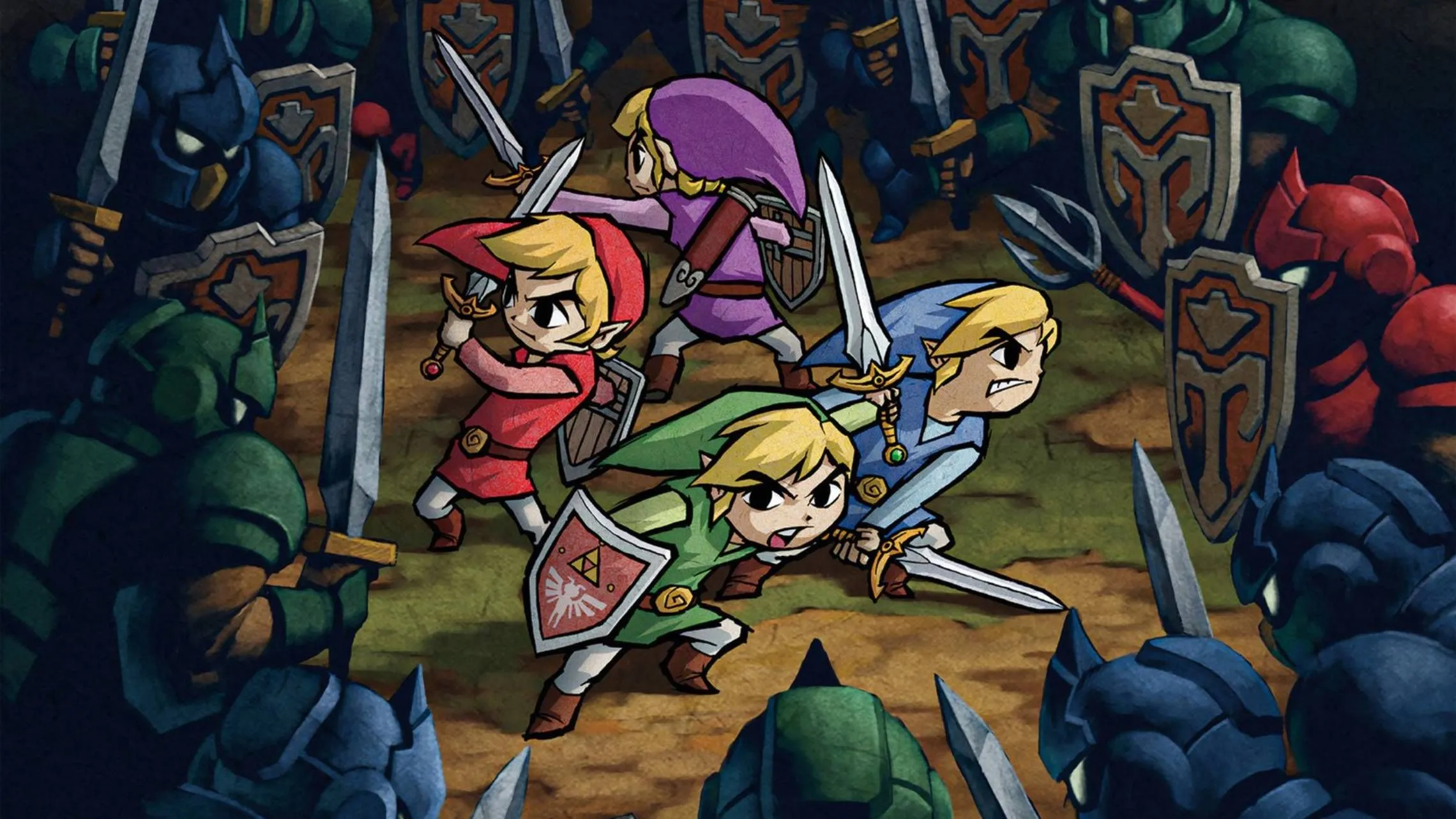 Hình ảnh nghệ thuật chính thức từ The Legend of Zelda: Four Swords Adventure mô tả nhiều Link chiến đấu với kẻ thù