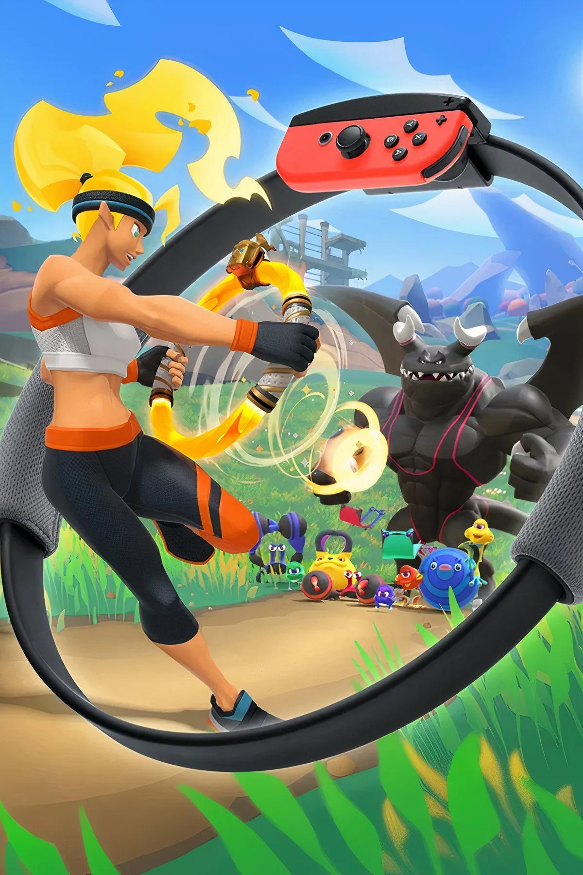 Hình ảnh người chơi tương tác với Ring Fit Adventure và vòng tập Ring-Con trên Nintendo Switch