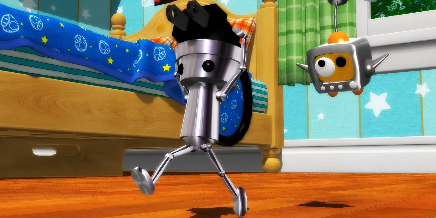 Hình ảnh nhân vật robot nhỏ Chibi-Robo trong game gốc trên GameCube, đứng trong một ngôi nhà quen thuộc, gợi lên sự đáng yêu và lối chơi độc đáo của tựa game phiêu lưu này.
