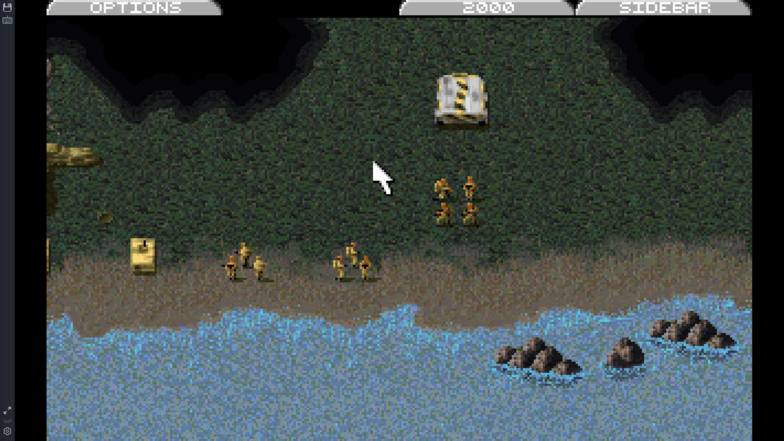 Hình ảnh quân đội bên bờ sông trong game chiến thuật thời gian thực Command &amp; Conquer trên DOS.
