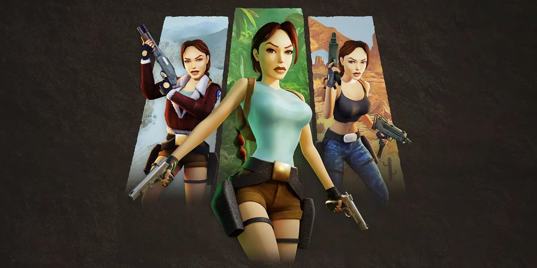 Hình ảnh quảng bá cho bộ sưu tập Tomb Raider 1-3 Remastered, làm nổi bật nữ anh hùng Lara Croft.
