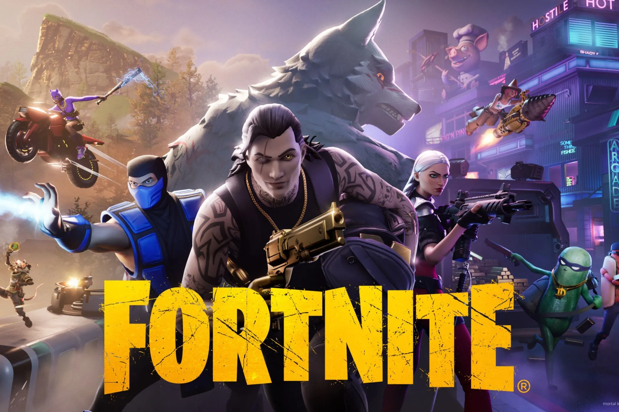 Hình ảnh quảng bá game Fortnite với các chiến binh và chó sói, đại diện cho sự bùng nổ của thể loại Battle Royale trong thập niên 2010