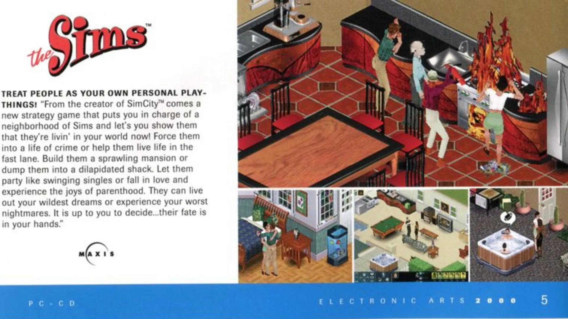 Hình ảnh quảng cáo đầu tiên của The Sims, giới thiệu trải nghiệm mô phỏng cuộc sống độc đáo trước khi ra mắt vào năm 2000.