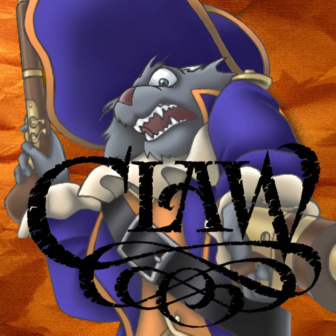 Hình ảnh sản phẩm của game Captain Claw, giới thiệu chú mèo cướp biển huyền thoại với thanh kiếm sắc bén và biểu cảm tự tin.