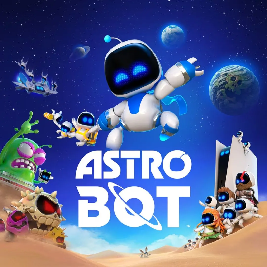 Hình ảnh sản phẩm game Astro Bot, với chú robot Astro nhỏ bé bay lượn trên một hành tinh đầy màu sắc và công nghệ.