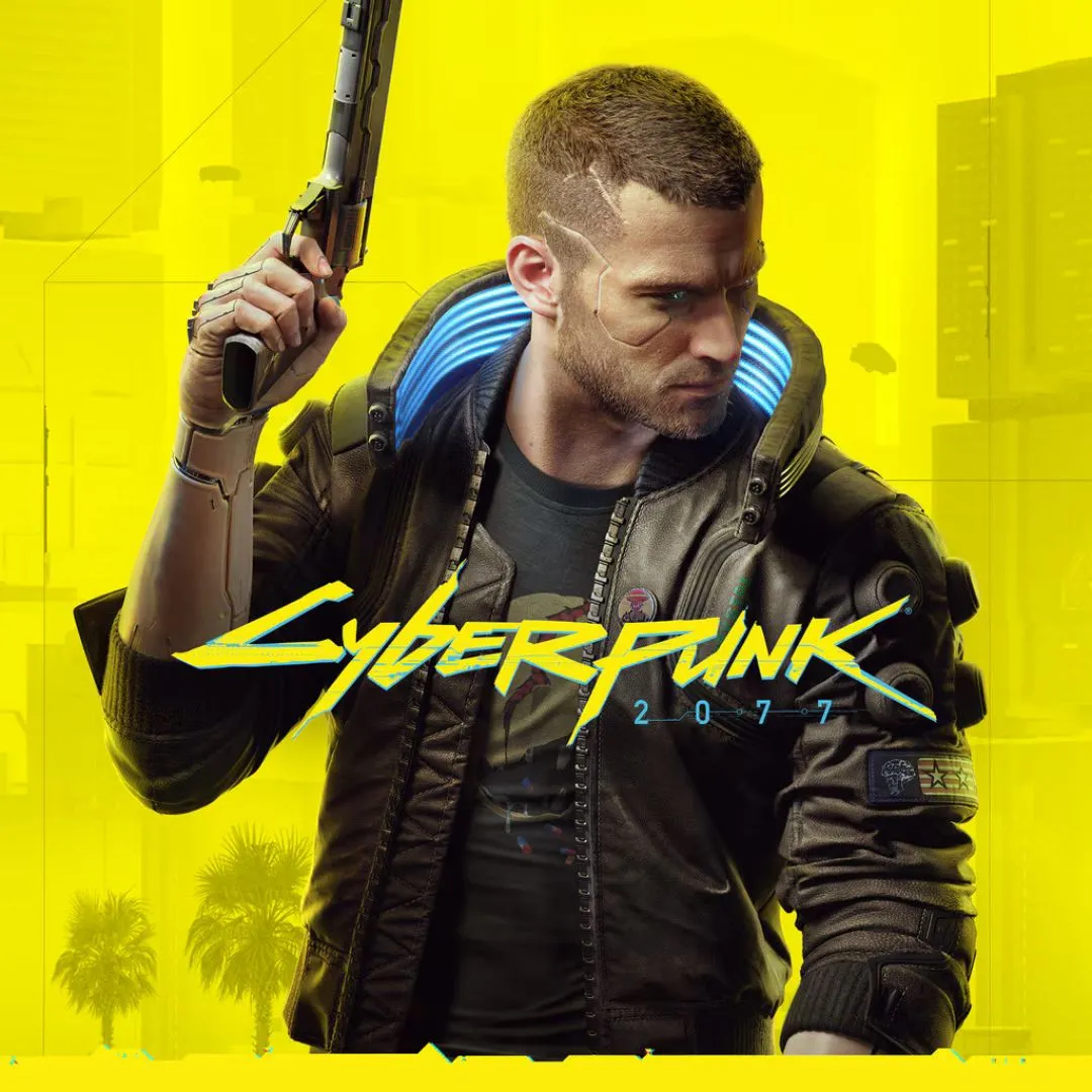 Hình ảnh sản phẩm game Cyberpunk 2077 với nhân vật chính đang cầm súng trong môi trường Night City tương lai.