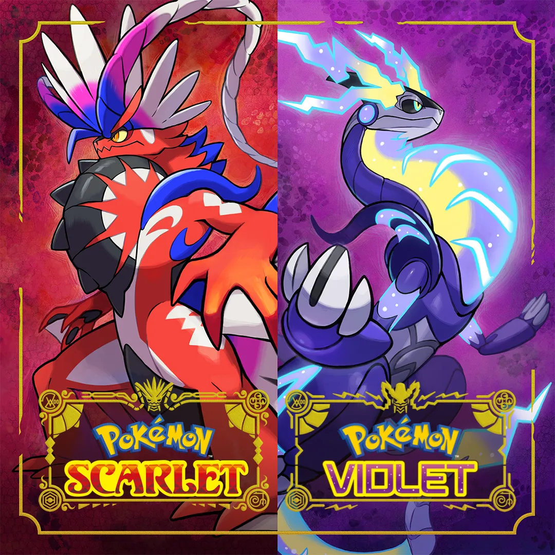 Hình ảnh sản phẩm Pokémon Scarlet và Violet với hai Pokémon huyền thoại Koraidon và Miraidon, thể hiện sự nâng cấp hiệu năng trên Switch 2