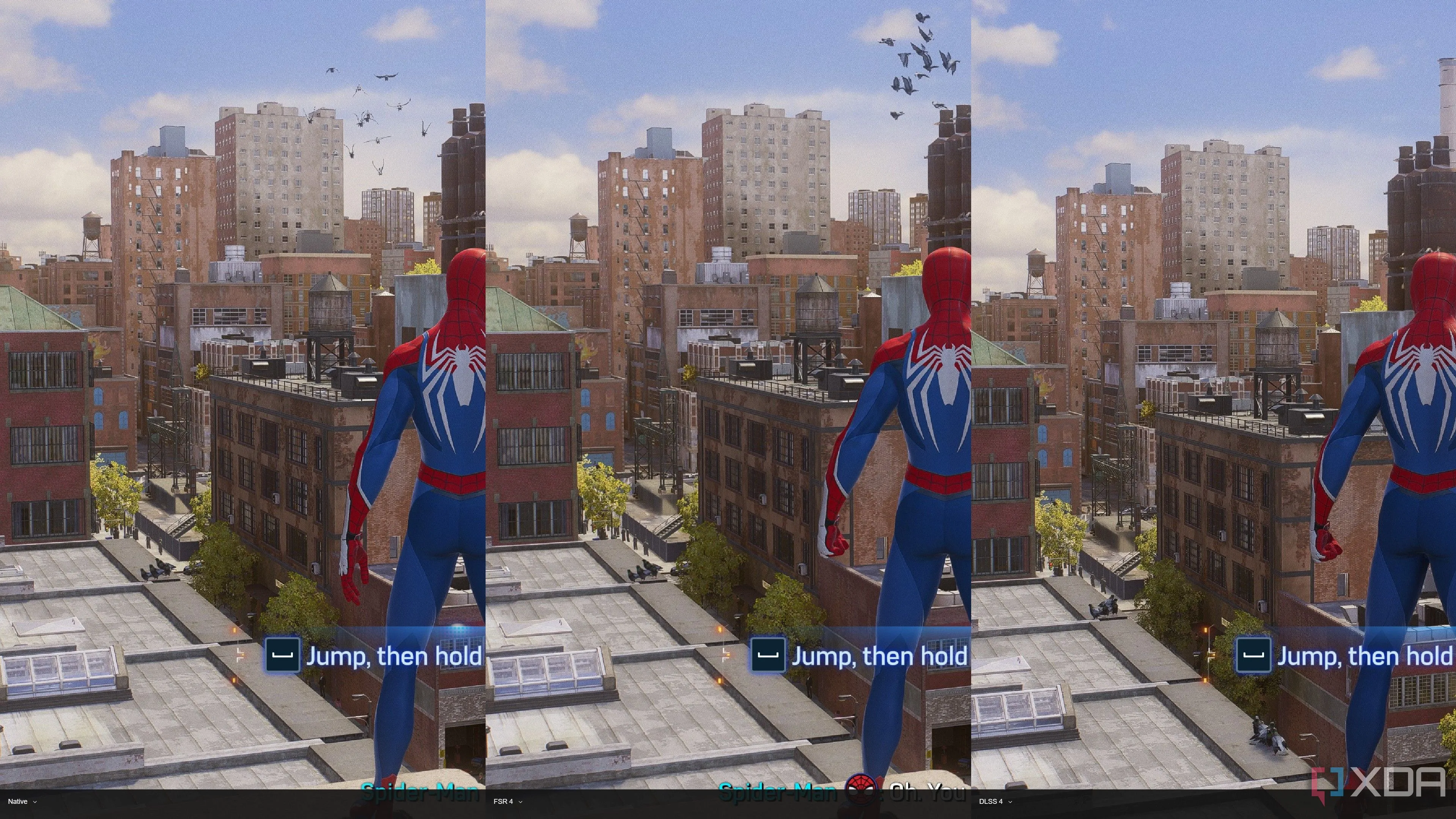 Hình ảnh so sánh chi tiết giữa DLSS 4 và FSR 4 trong cảnh game Marvel's Spider-Man 2, tập trung vào các vật thể nhỏ và độ sắc nét