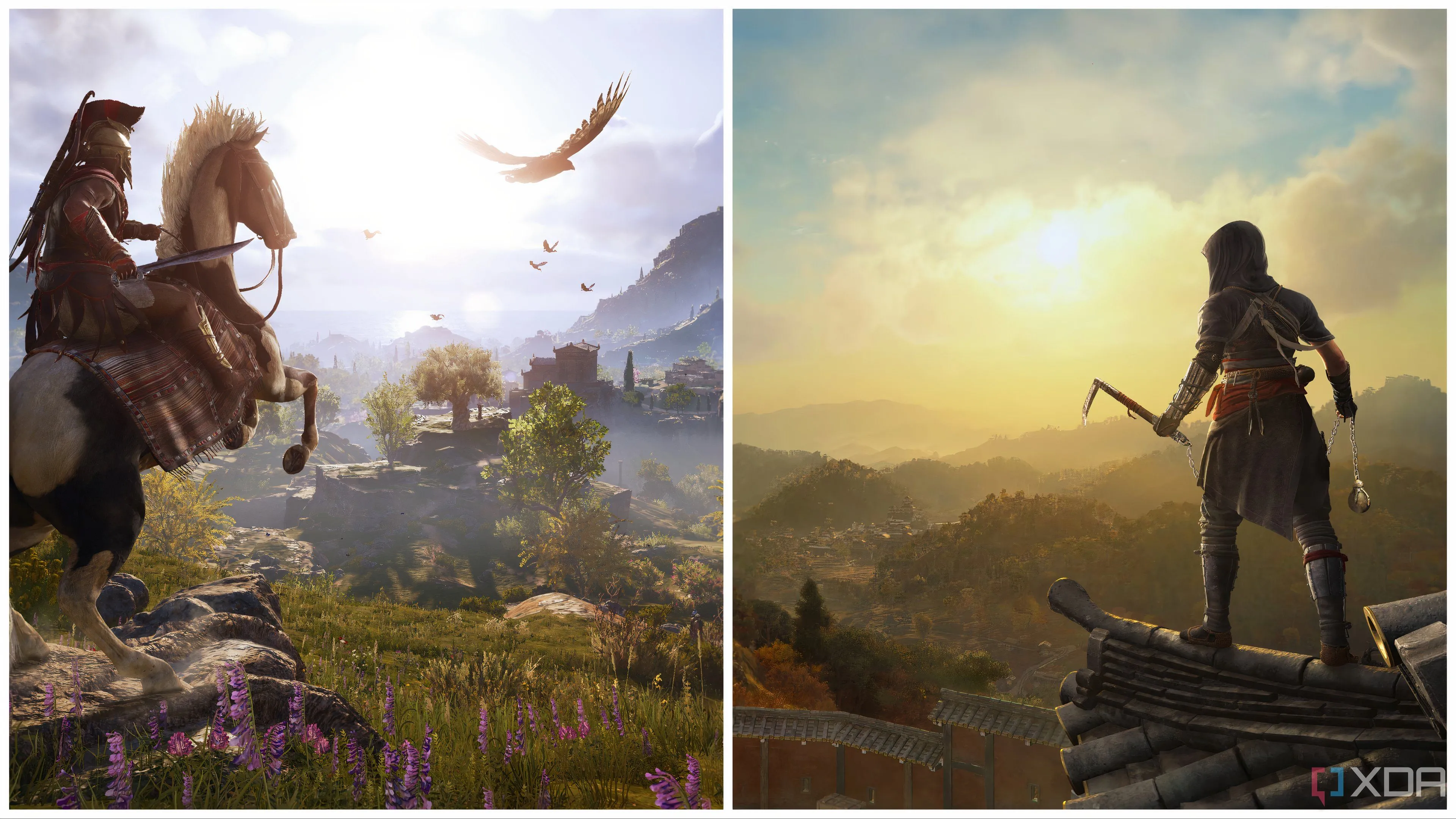 Hình ảnh tổng hợp môi trường trong Assassin's Creed Odyssey và Assassin's Creed Shadows, thể hiện sự liên kết giữa hai tựa game