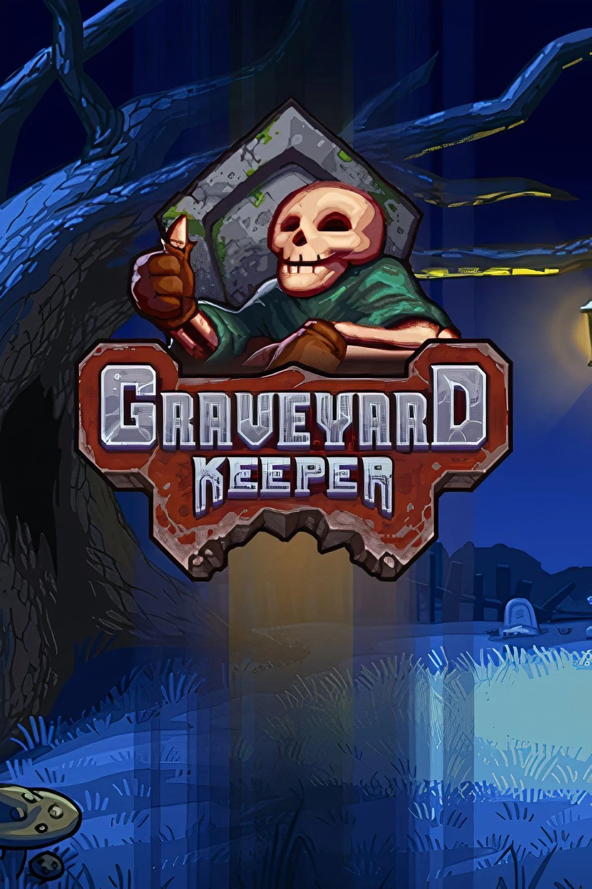 Hình ảnh tổng hợp phong cách nghệ thuật pixel của game Graveyard Keeper, với nhân vật chính và môi trường nghĩa địa