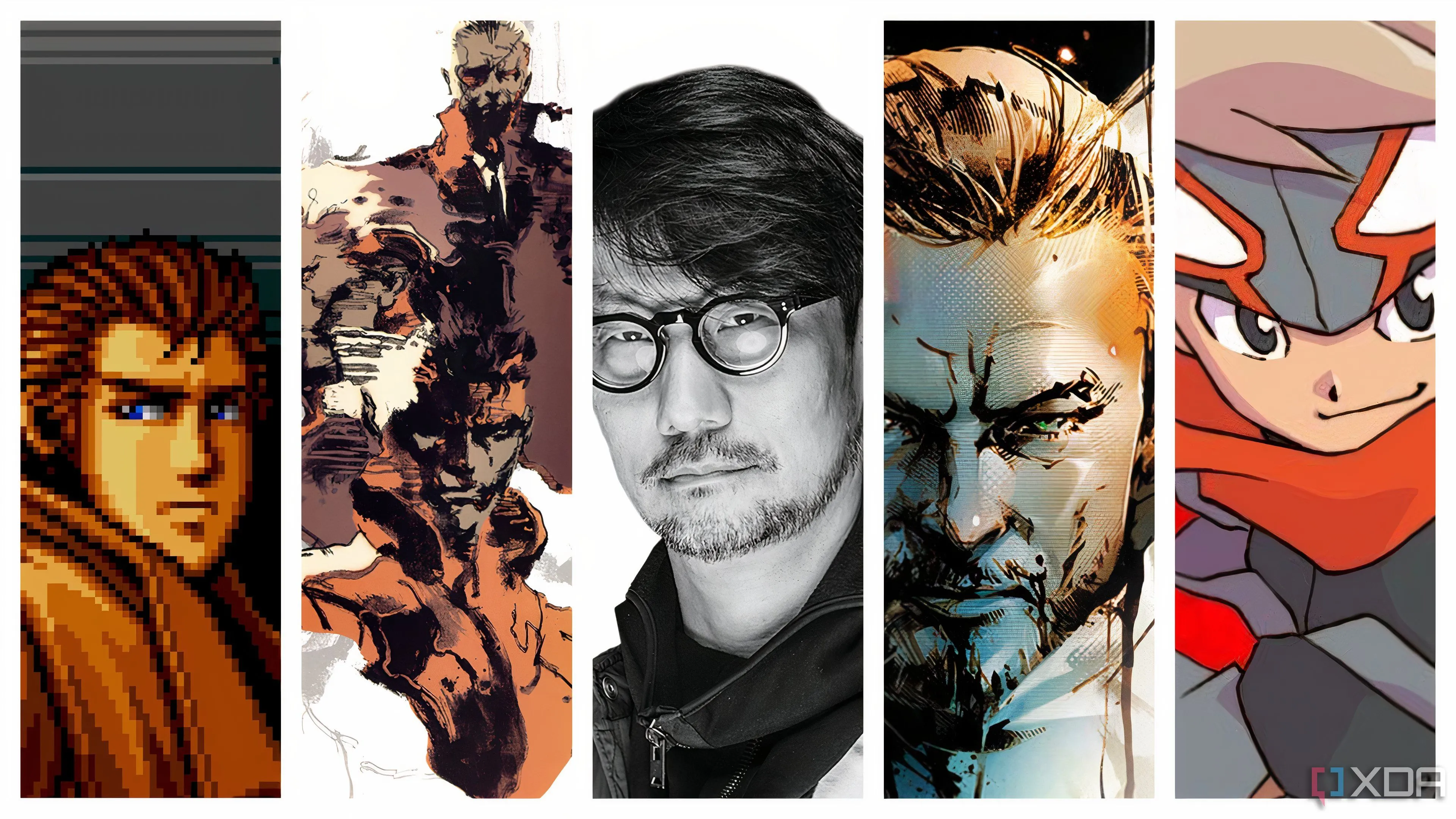 Hình ảnh tổng hợp về đạo diễn Hideo Kojima và các tựa game nổi tiếng của ông như Metal Gear Solid, Death Stranding.