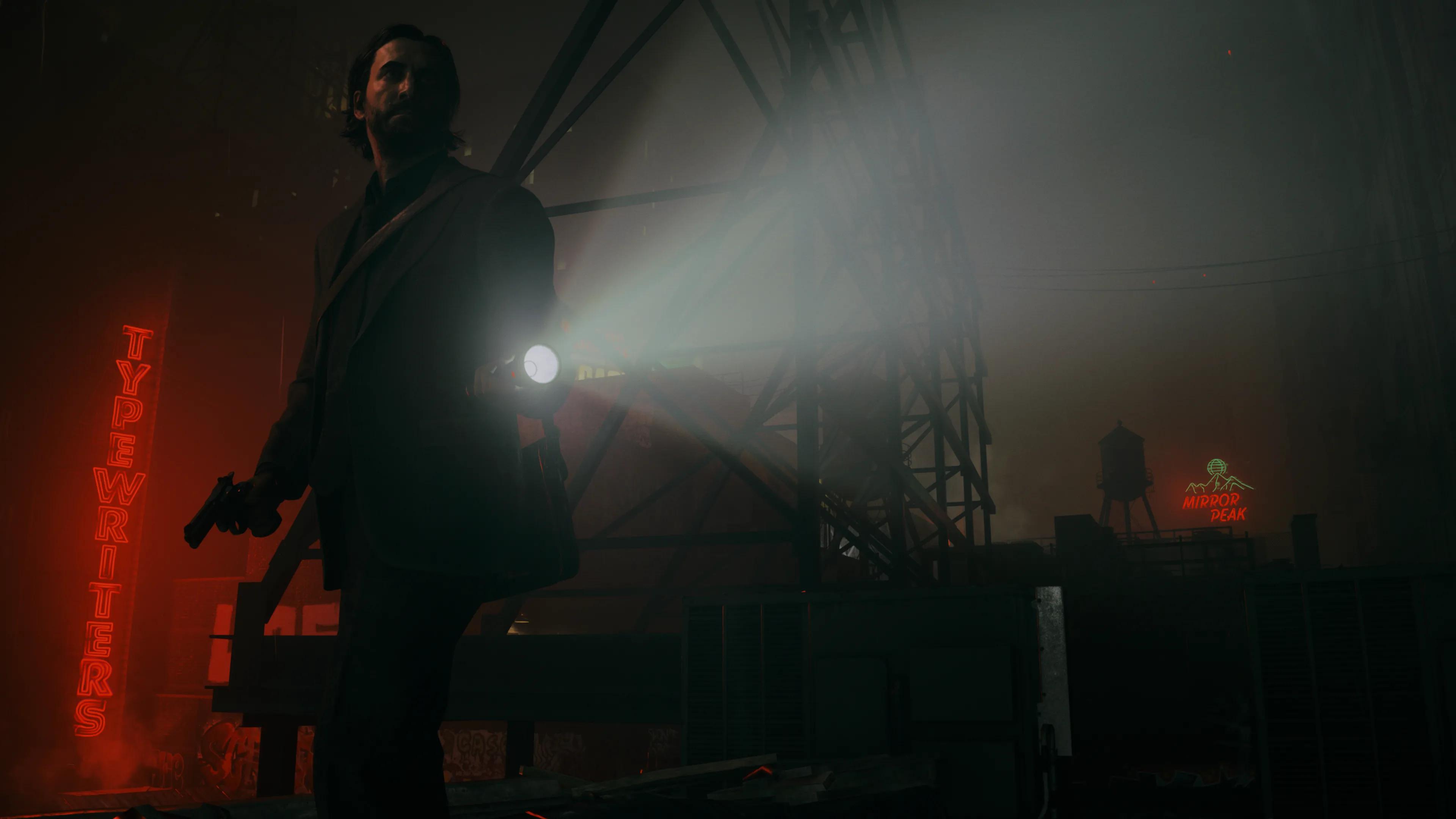 Hình ảnh trong game Alan Wake 2 với hiệu ứng ánh sáng đèn pin, minh họa cho sức mạnh của ray tracing và yêu cầu VRAM lớn